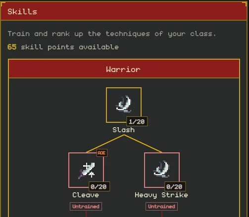 The Warrior skill tree: Slash branches into Cleave and Heavy Strike, each ranked up to 20 with skill points