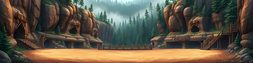 Mine entrances and timber stairs cut into the cliffs of the Ironroot Deeps
