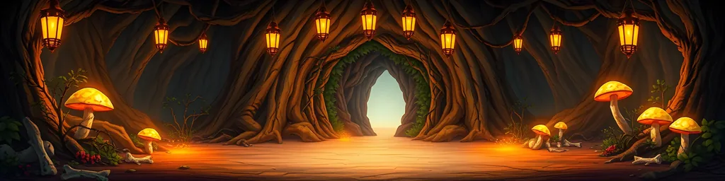A lantern-lit tunnel through giant roots in the Bramble Warren