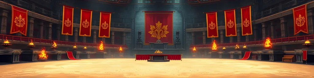 A banner-hung guild arena lit by braziers